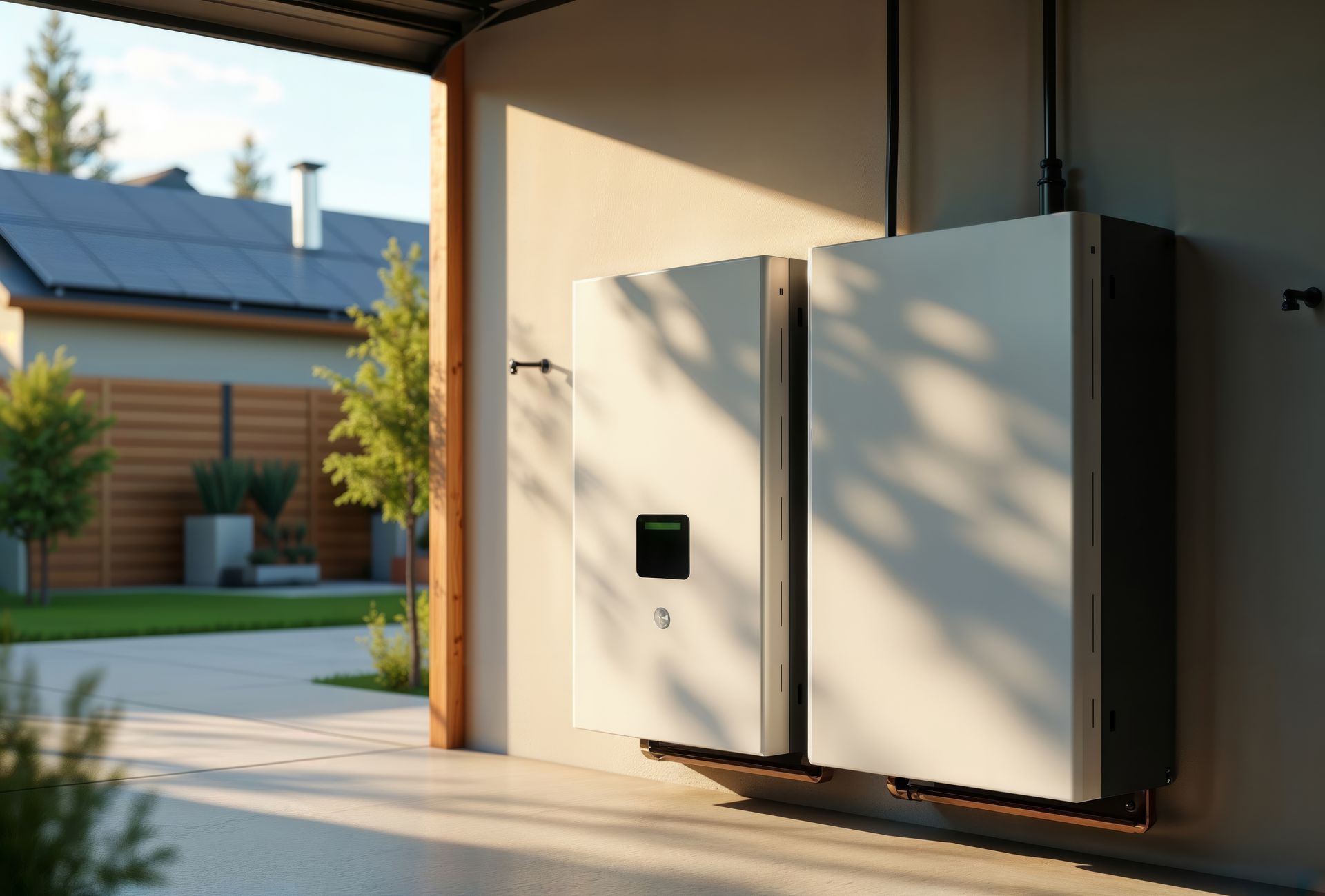 Solar battery unit attached to a building's exterior wall with a house and trees in the background.