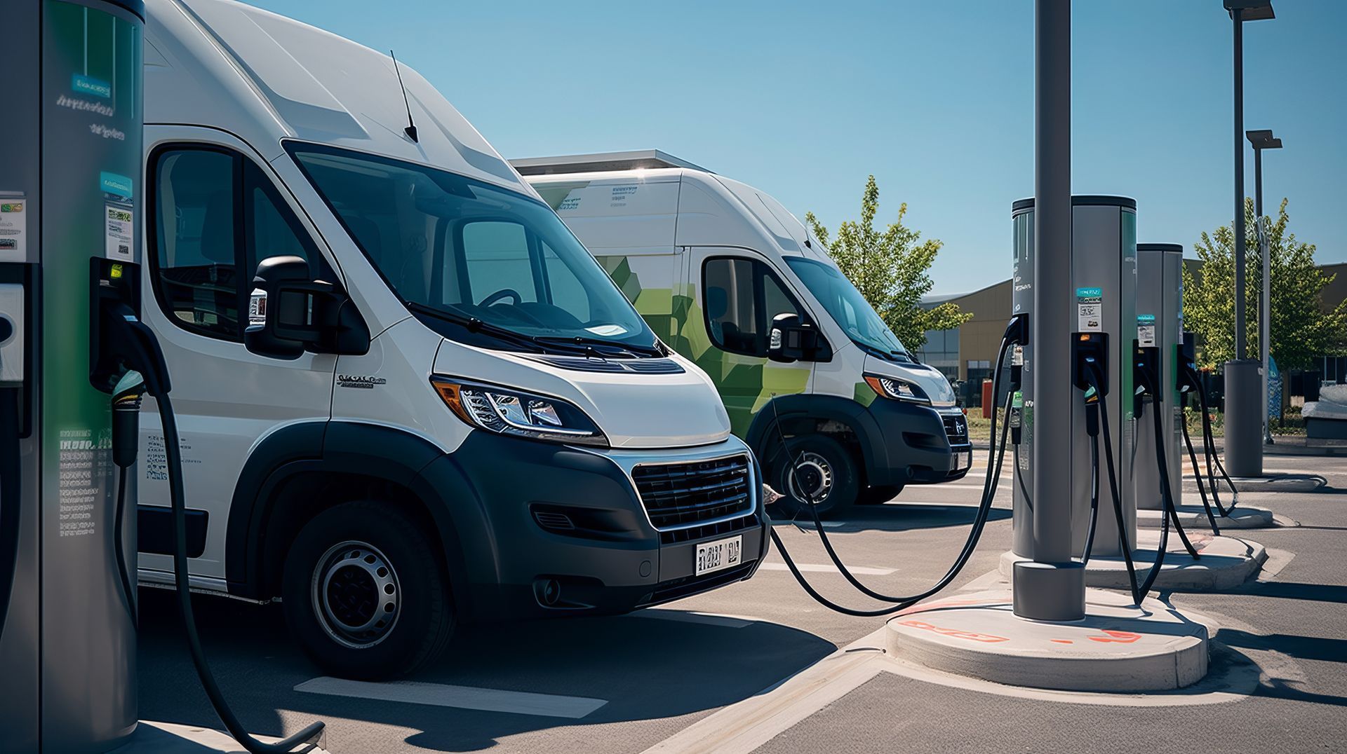 Two white commercial vans parked at charging stations outdoors on a sunny day.