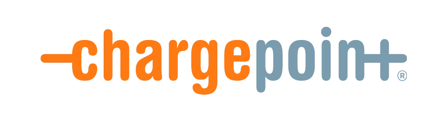 The logo for chargepoint is orange and blue on a white background.