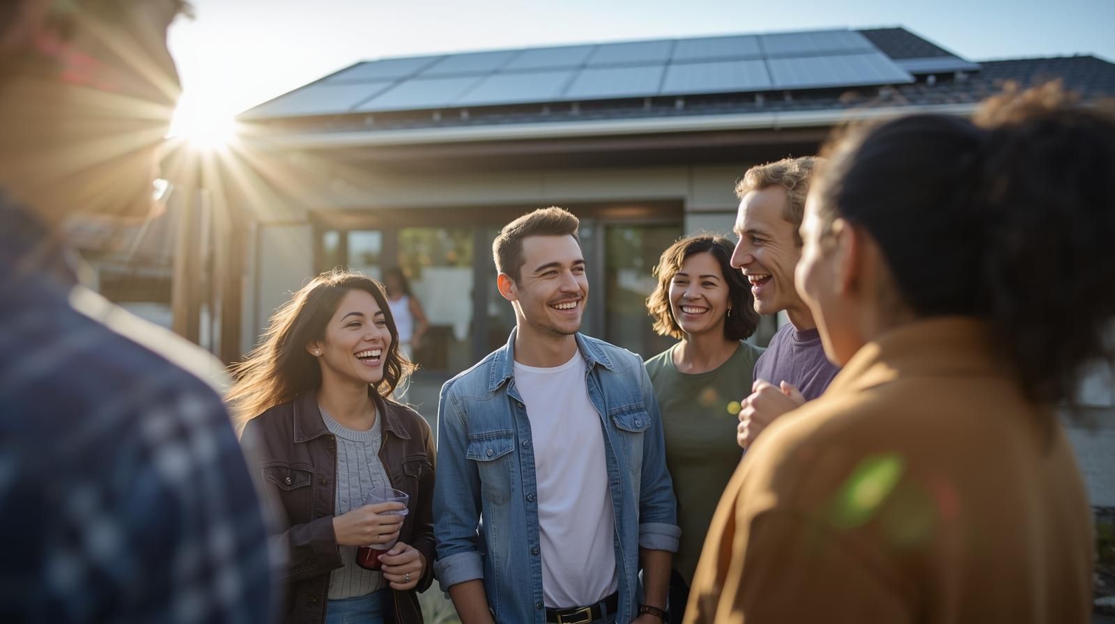 Group of smiling people gathered outside a house with solar panels, sun shining.