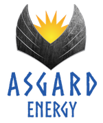 A logo for asgard energy with a sun in the middle