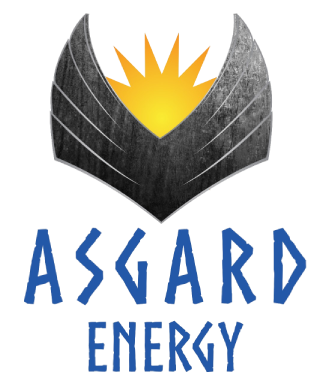 A logo for asgard energy with a sun in the middle