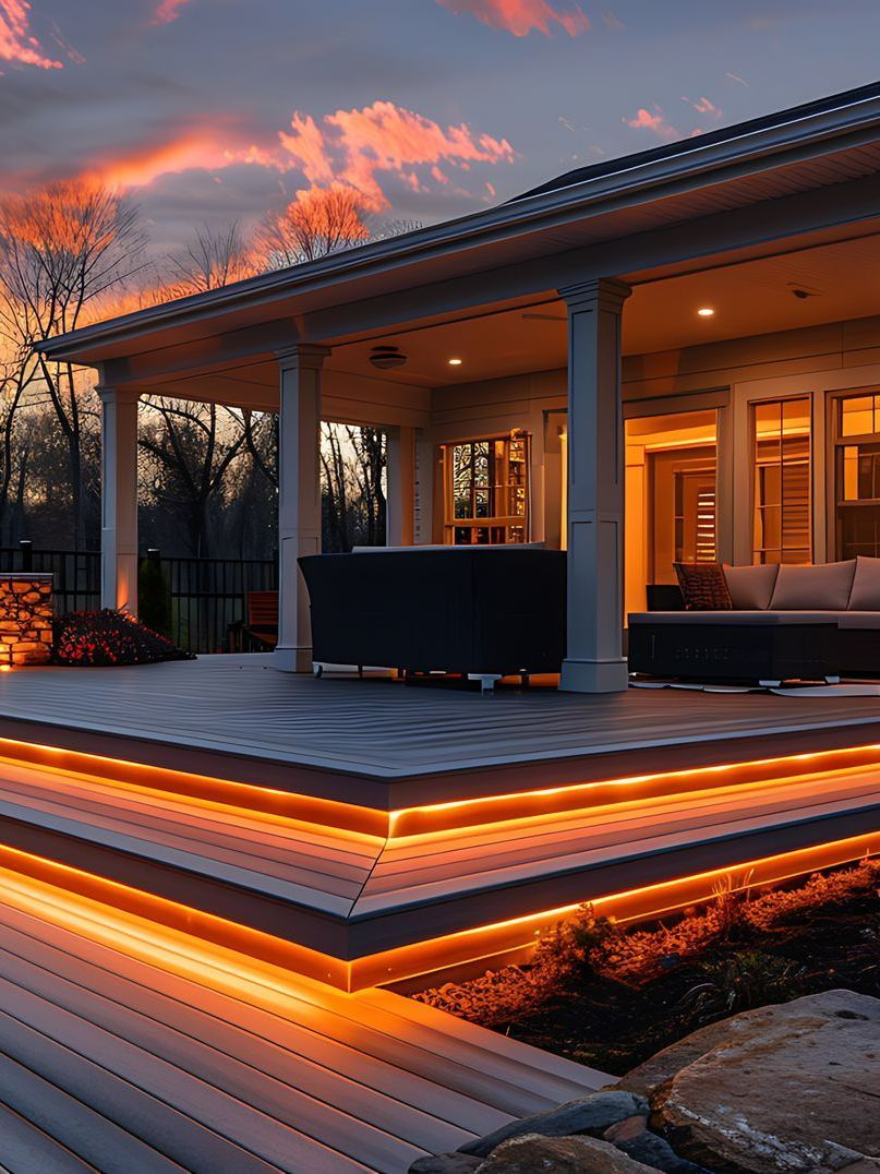 A house with a large deck that is lit up at night