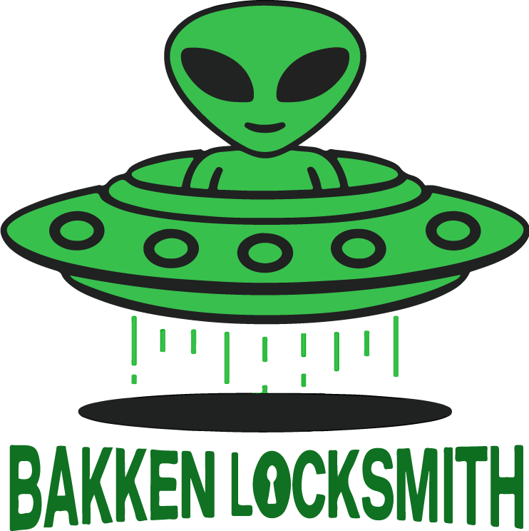 Green alien in a UFO over a black ground; "Bakken Locksmith" text below.