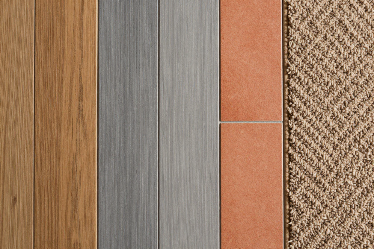 Flooring samples including hardwood, LVP, tile, and carpet