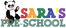 The logo for sara 's preschool has a panda bear on it.