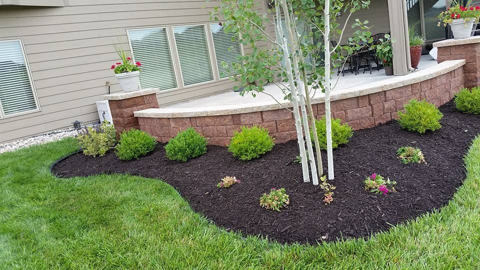 A lush green lawn with a brick wall and a tree in the middle of it.