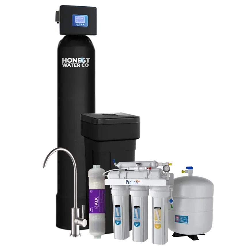 A residential water treatment system featuring a large black tank, a small filtration unit, a metal faucet, and a tank.