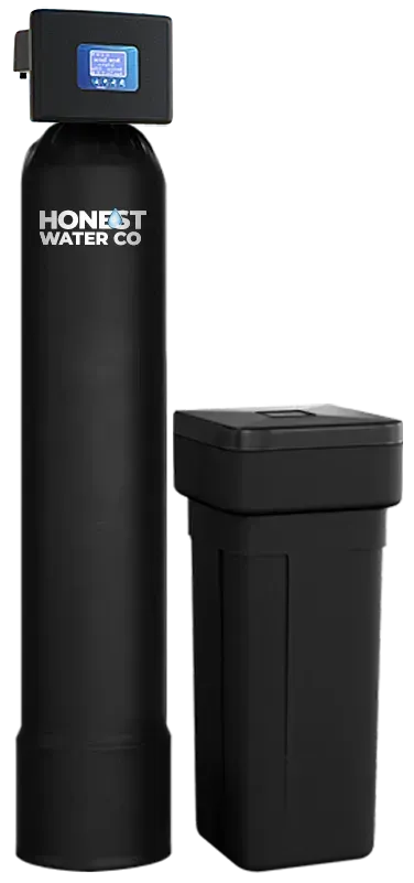 A black water softener system featuring a tall, cylindrical tank with a digital control head and a separate brine tank.
