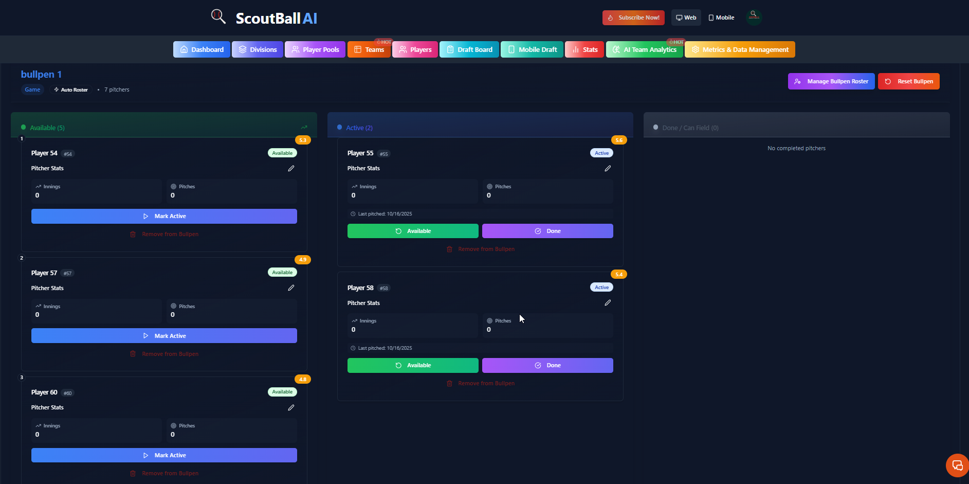ScoutBall AI Pitching Bullpen Screenshot