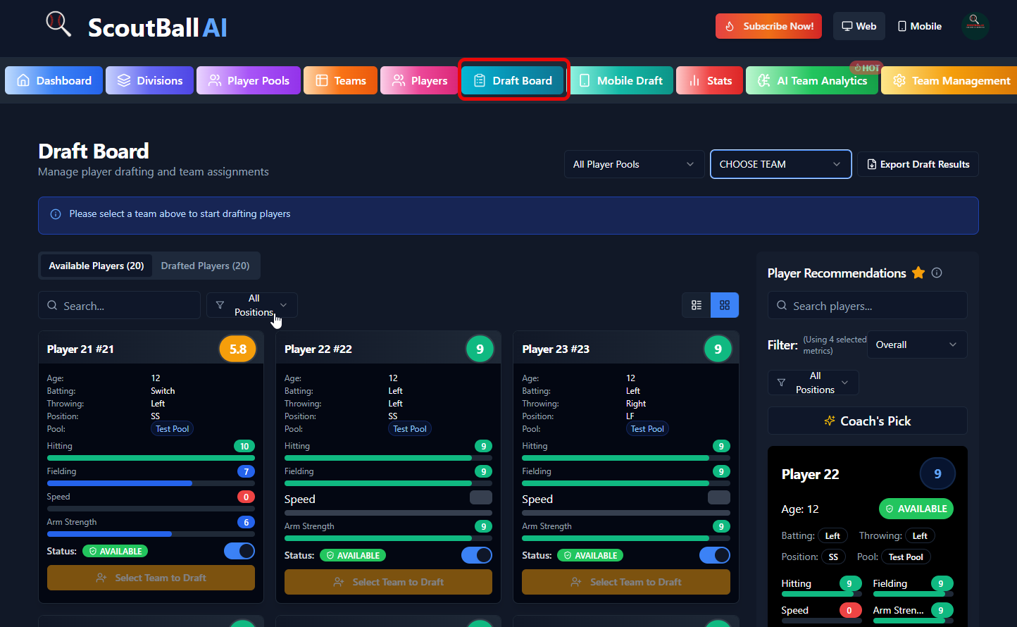 ScoutBall AI Draft Board Screenshot