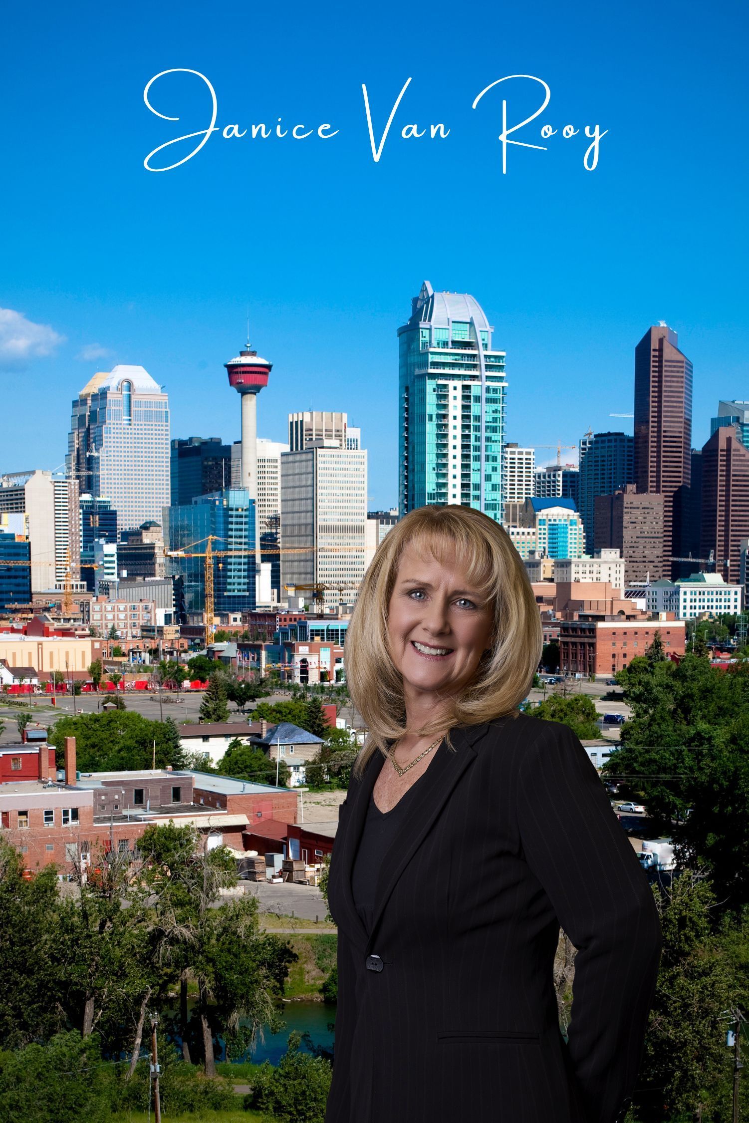 A woman stands in front of a city skyline with the name janice van roy on the bottom