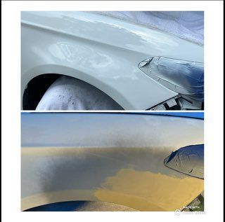 A split view showing a white car fender before repair and after applying primer and body filler during a paint job.