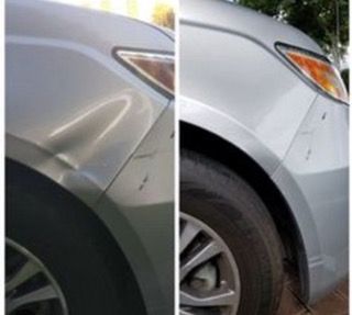 Before and after comparison of a silver car fender, showing a dent removal and paint restoration.