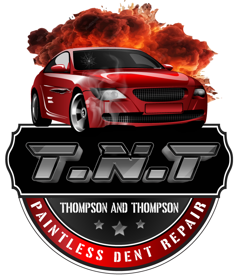 Logo for T.N.T. Thompson and Thompson Paintless Dent Repair featuring a red car against an explosion background.