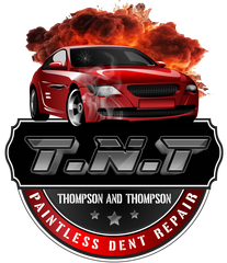 Logo for T.N.T. Thompson and Thompson Paintless Dent Repair featuring a red car against an explosion background.