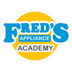 The fred 's appliance academy logo is blue and yellow