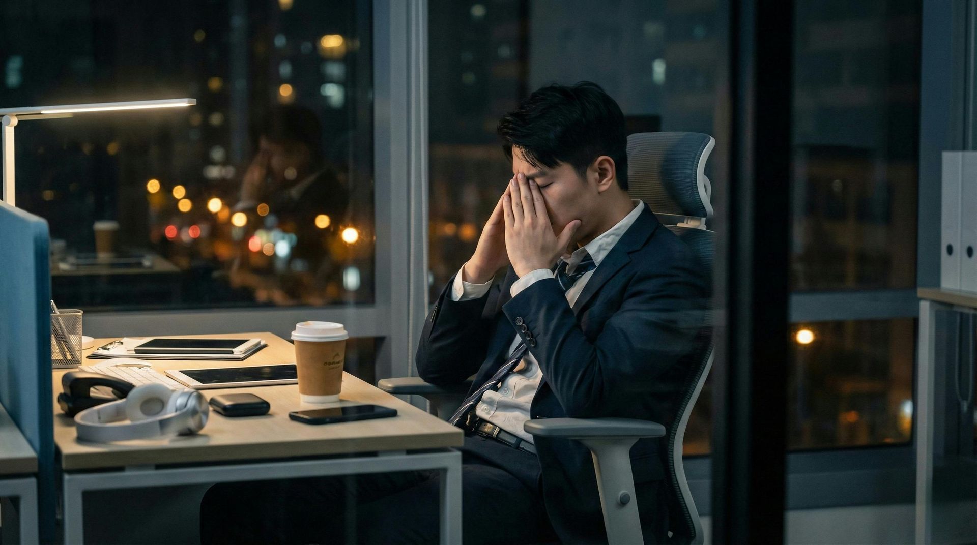 Tired entrepreneur sitting at a desk late at night surrounded by multiple open applications on screen