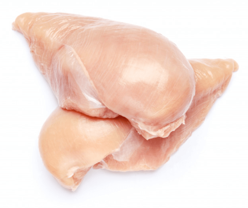 Two raw chicken breasts are stacked on top of each other on a white background.