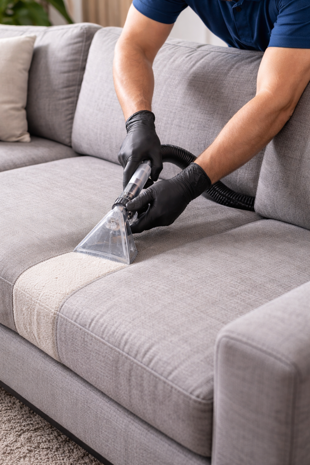 Person in black gloves using a carpet cleaner on a gray couch.