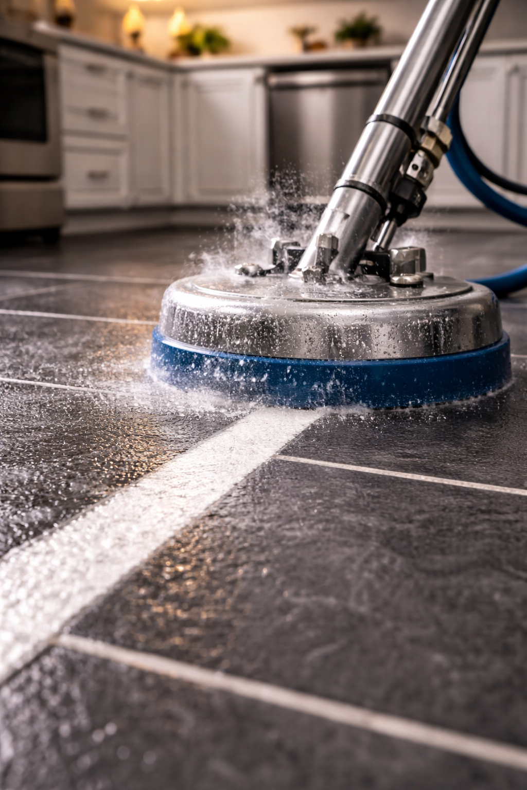 Floor cleaning machine scrubbing a tile floor in a kitchen, spraying water and leaving a clean line.