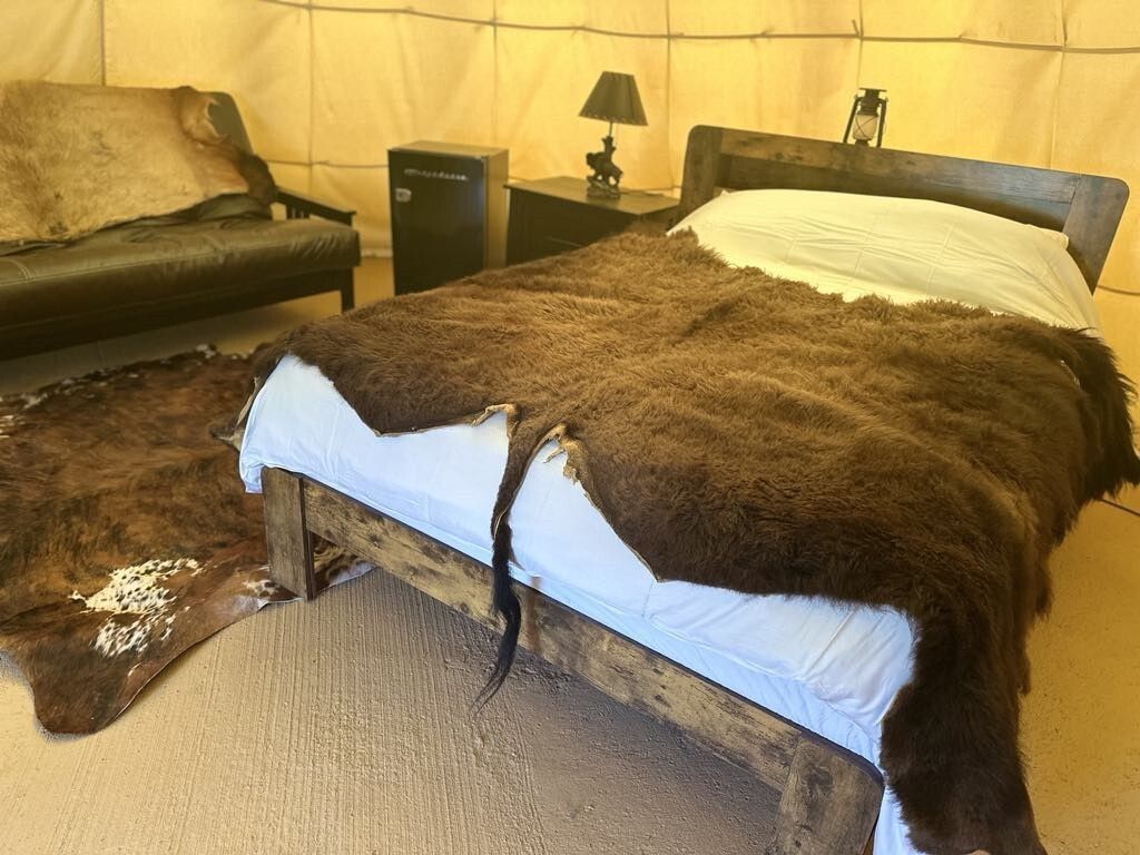 A bedroom with a bed , couch , and rug.