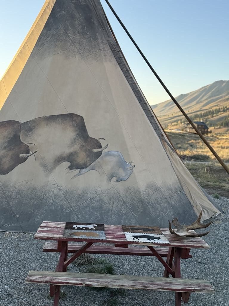 A picnic table in front of a teepee with a picture of a bison on it