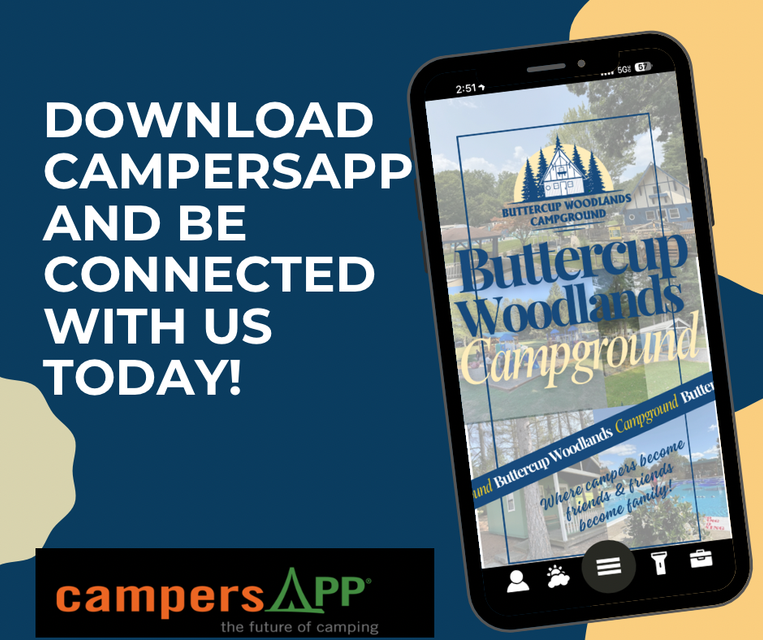 Advertisement for CampersApp: phone displaying Buttercup Woodlands Campground app. Text: 