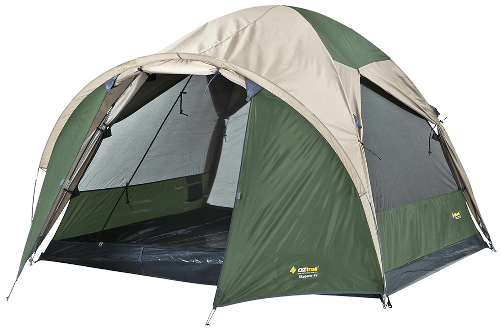 Green and tan dome camping tent, open entrance, dark interior.