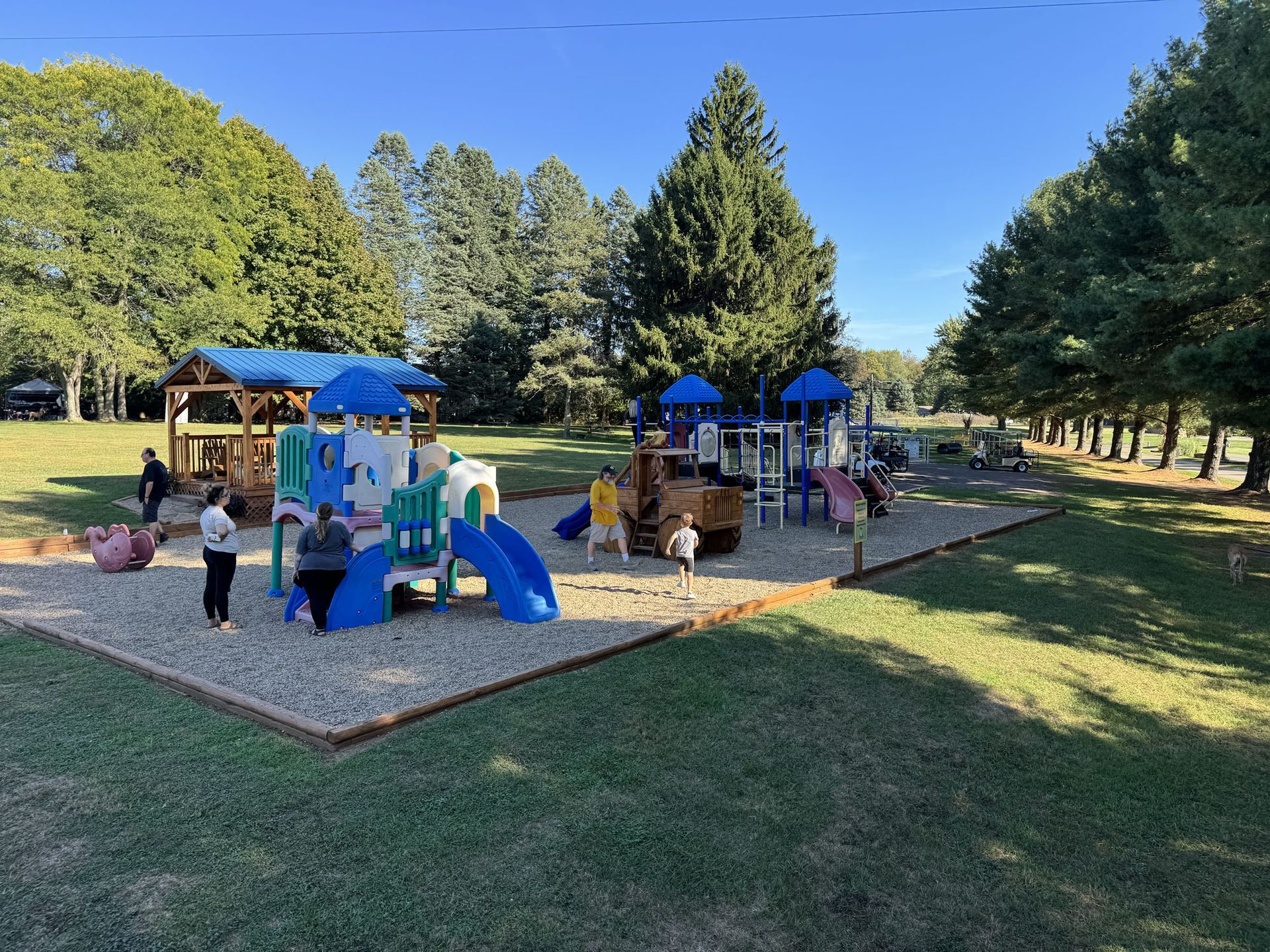 Playground with slides, swings, and kids, surrounded by grass and trees.
