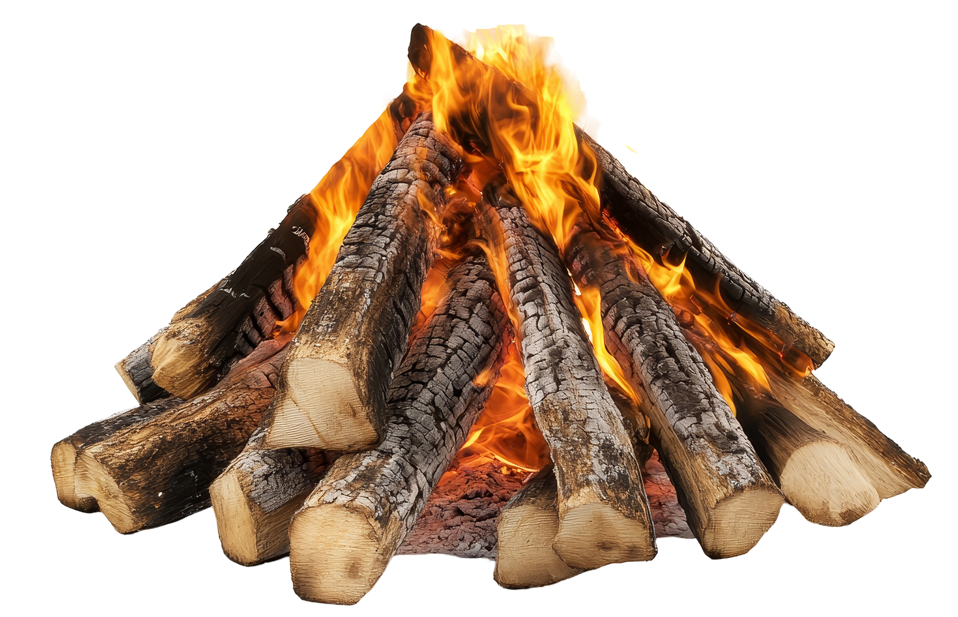 Burning bonfire of stacked logs, with bright orange flames and glowing embers.