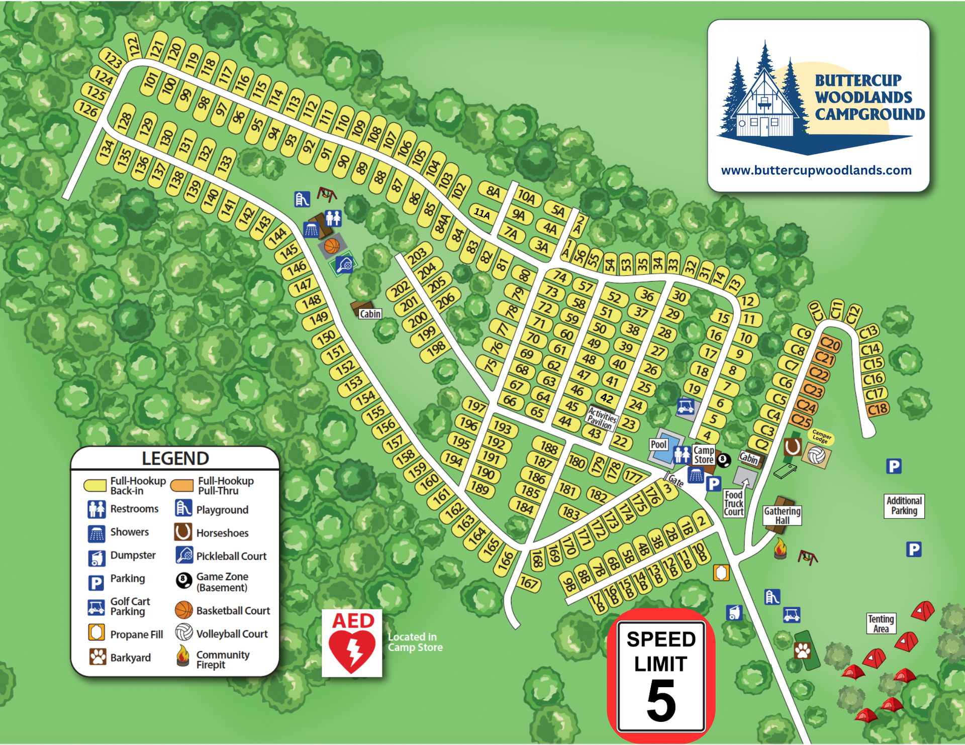 Map of Butterly Woodside Campground with campsites, amenities, and speed limit.