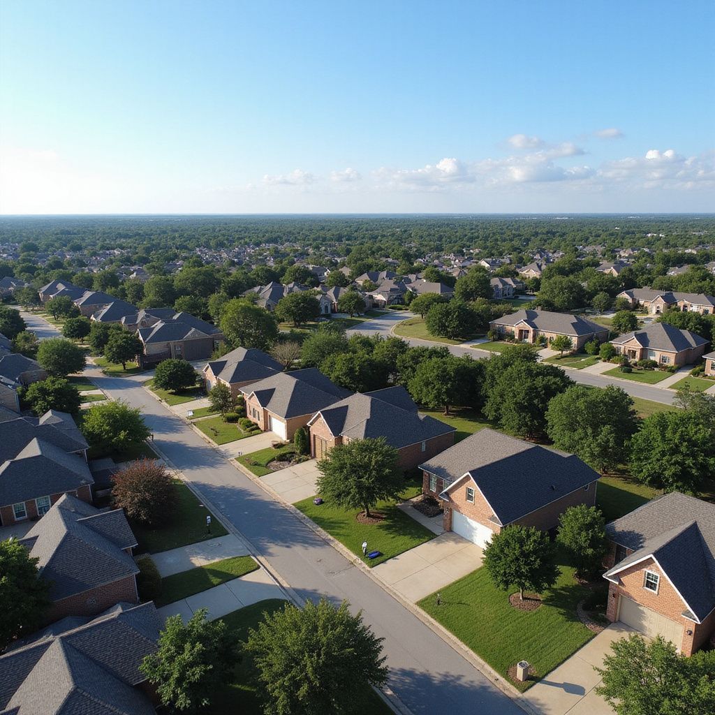 Aerial view of a suburban neighborhood with houses, streets, and trees under a blue sky.