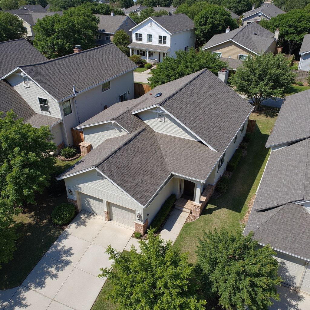 Aerial view of suburban houses with gray roofs and green trees.