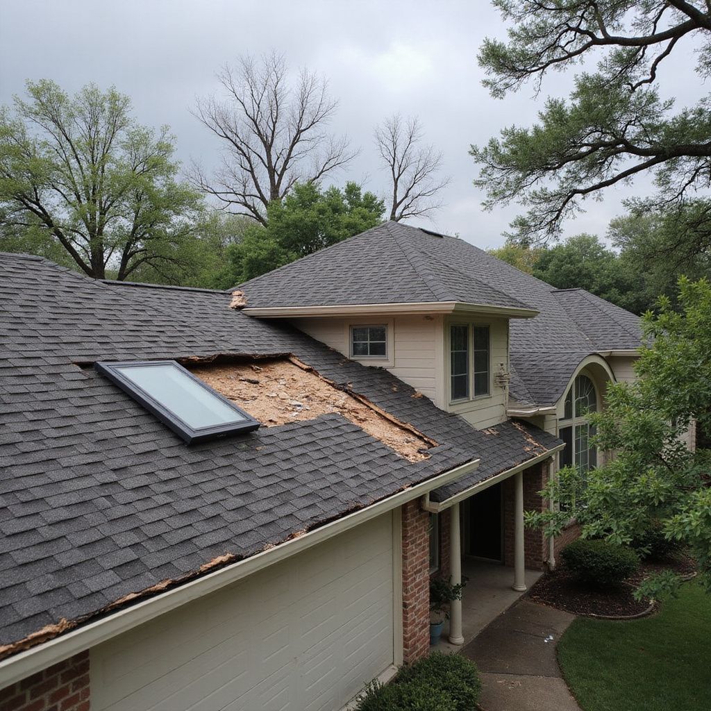 House with damaged roof and skylight, surrounded by trees, on a cloudy day.