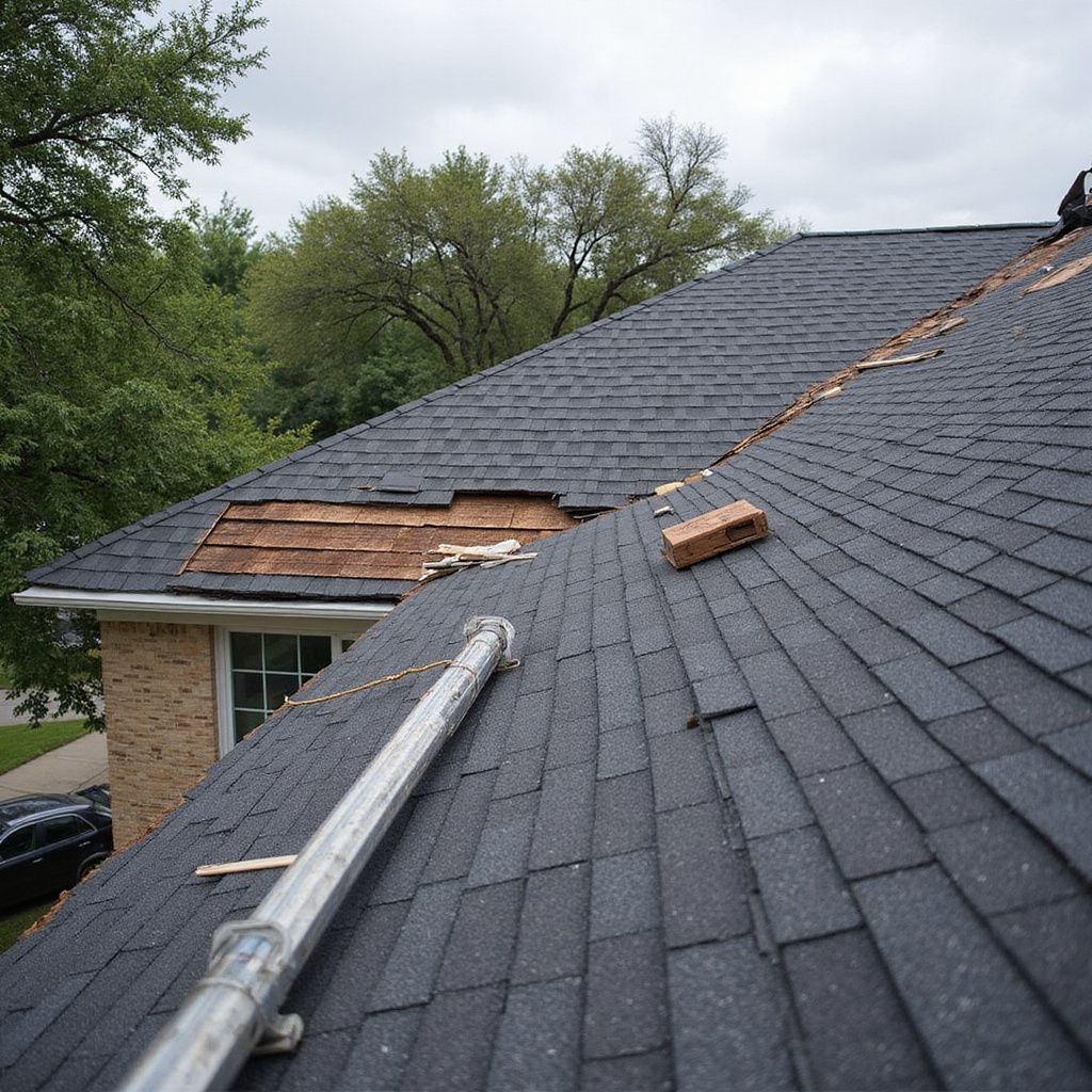 Roof with missing shingles, repair in progress. Dark shingles, brick, and silver pipe visible. Cloudy sky.