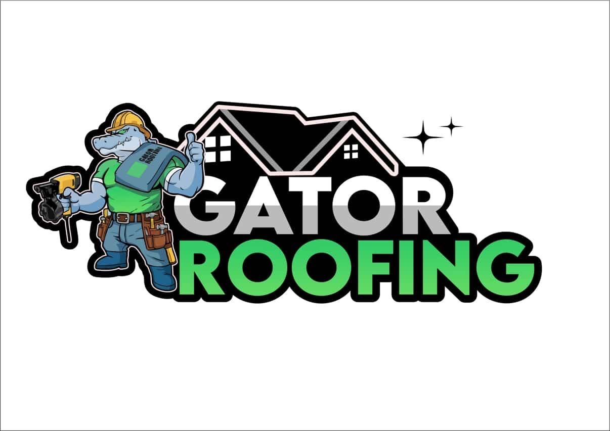 Gator Roofing logo: cartoon alligator wearing hard hat, holding a tool, next to a house outline and green text.