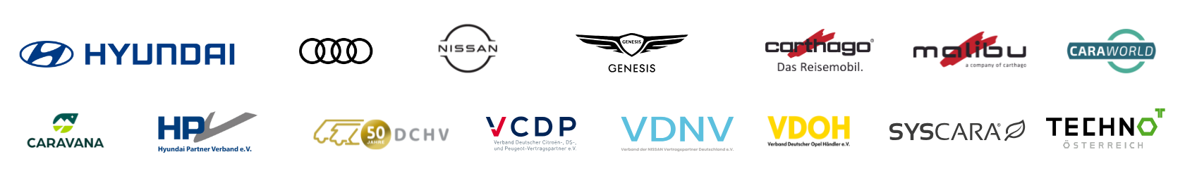 Logos jener Marken und Verbände die CARMERA empfehlen: Hyundai, Audi, Nissan, VDNV, VCDP, Techno Österreich