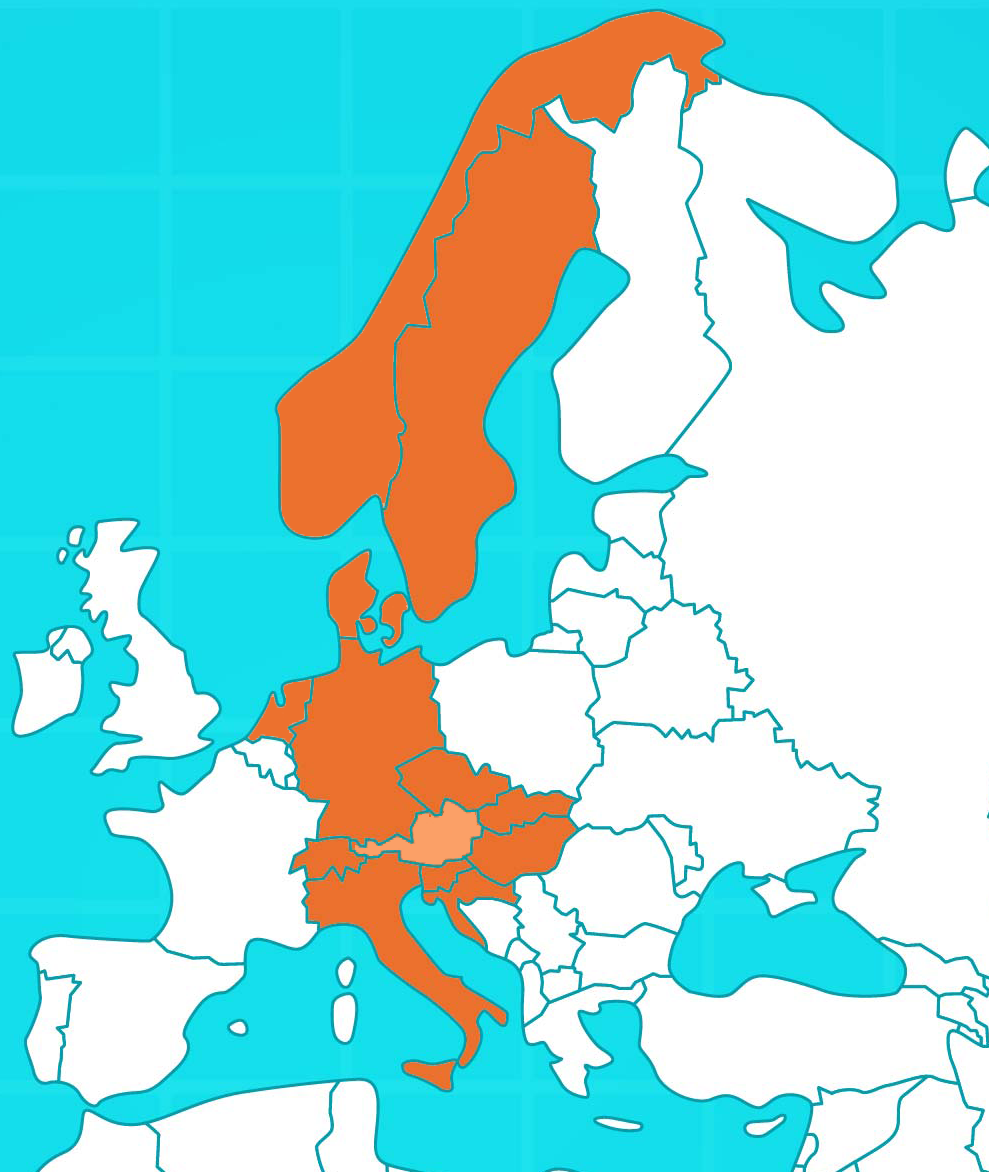 Landkarte Europa mit Ländern, in denen CARMERA aktivs ist