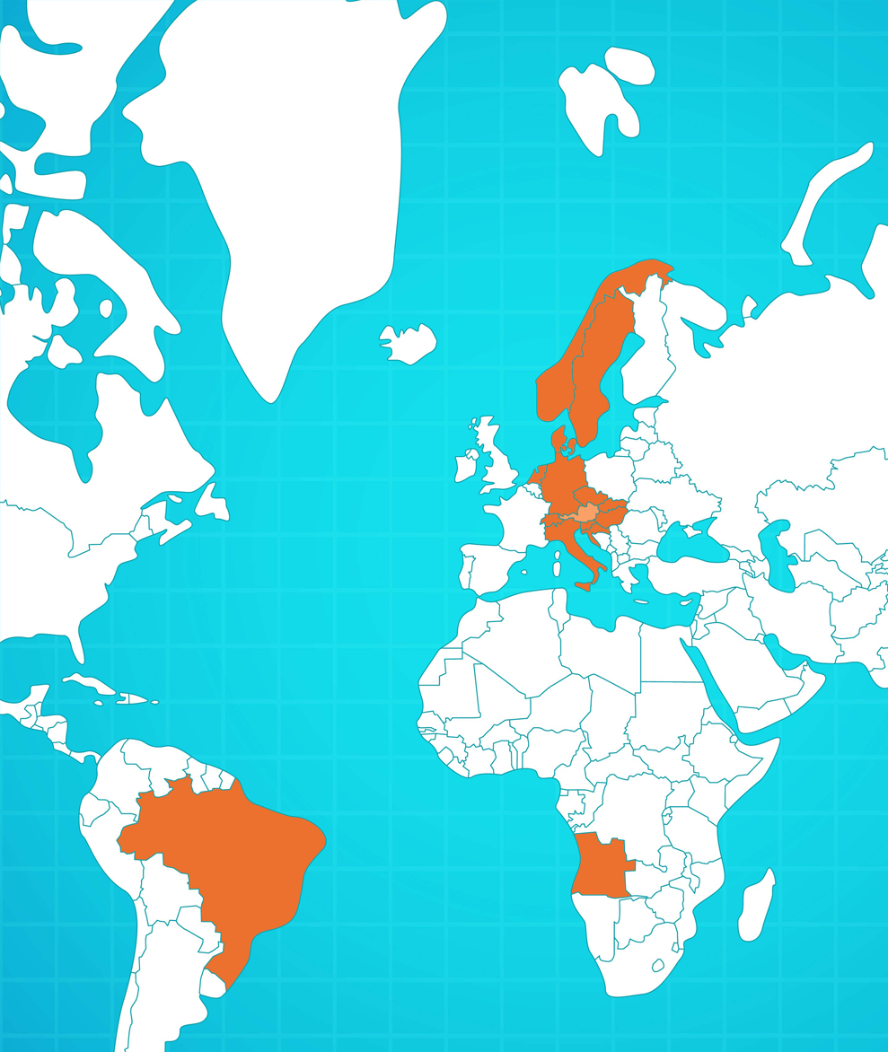 Landkarte weltweit mit Ländern, in denen CARMERA aktiv ist