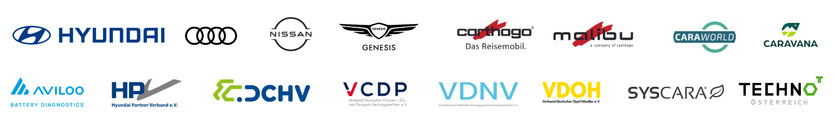 Logos jener Marken und Verbände die CARMERA empfehlen: Hyundai, Audi, Nissan, VDNV, VCDP, Techno Österreich