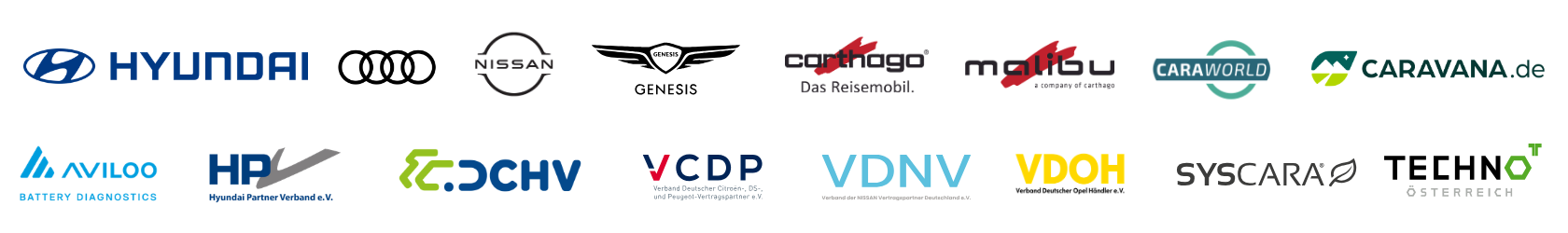 Logos jener Marken und Verbände die CARMERA empfehlen: Hyundai, Audi, Nissan, VDNV, VCDP, Techno Österreich