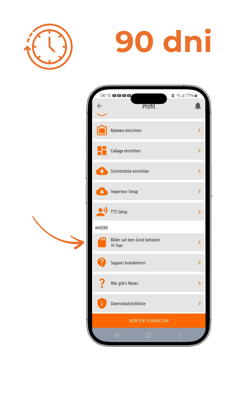 Ein Mobiltelefon mit einer Uhr und den Worten „90 Tage“ darauf.