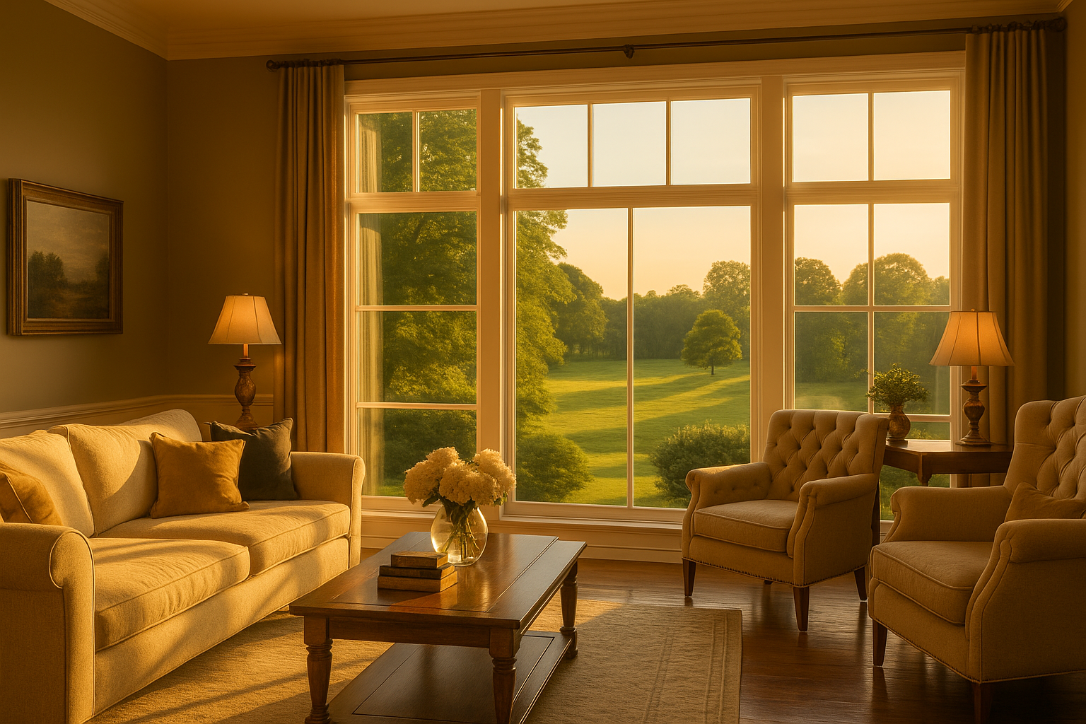 A living room with a couch and chairs and a large window
