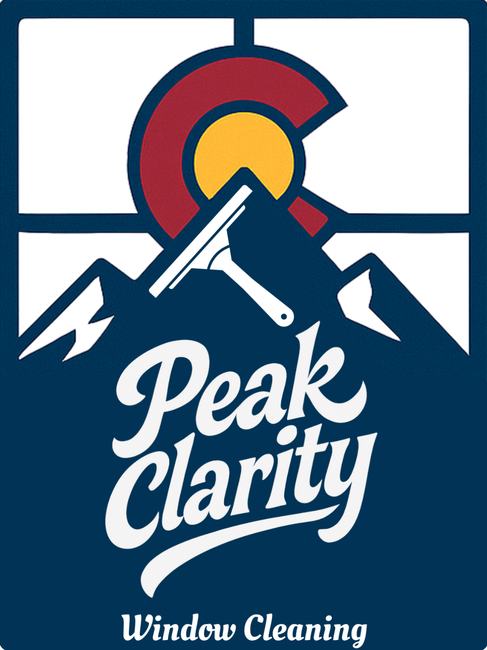 A blue logo for peak clarity window cleaning