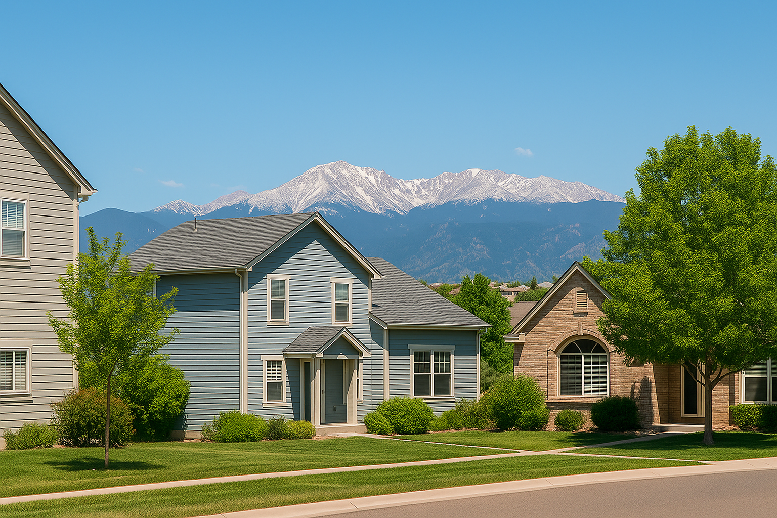 A row of houses with mountains in the background.