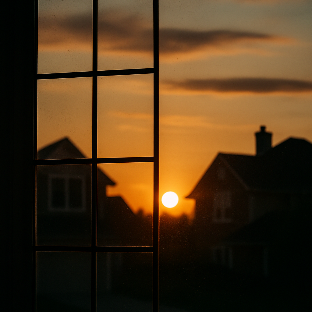 A view of a sunset through a window of a house.
