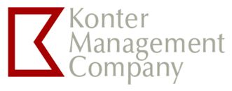 A red and white logo for konter management company