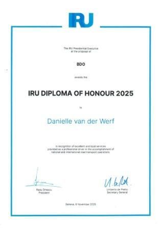 IRU Diploma of Honour 2025: Persönliche Auszeichnung für Danielle van der Werff