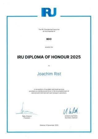 IRU Diploma of Honour 2025: Persönliche Auszeichnung für Joachim Rist